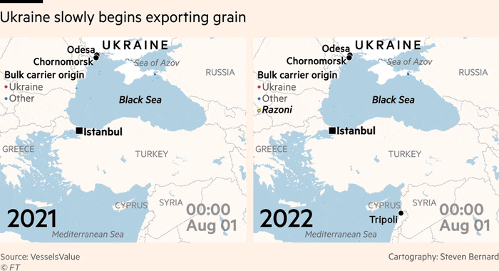 Maps comparing bulk carrier journeys since the grain shipment initiative started on August 1 with the same week in 2021