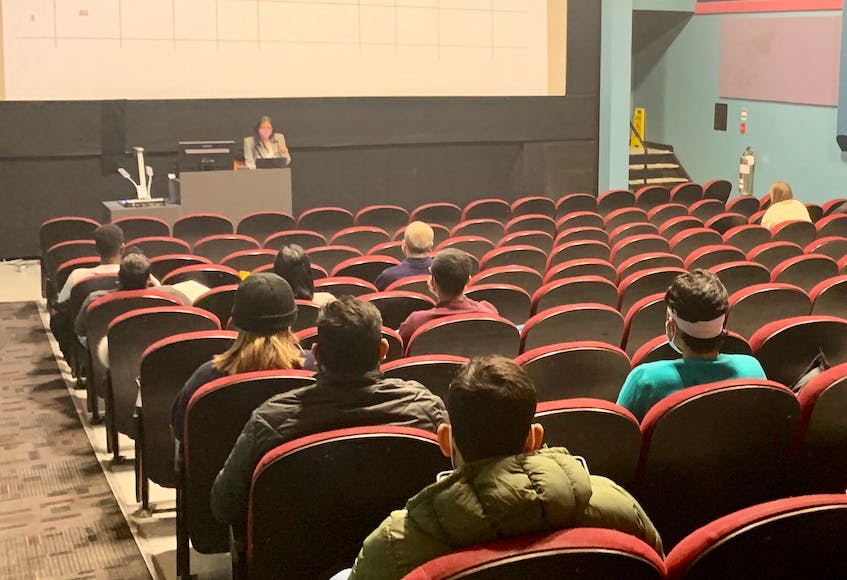 Jessica Olivares Aguila, assistant professor of supply chain management at Cape Breton University's Shannon School of Business, teaches a class earlier this year in one of the theatre's at the Cineplex entertainment centre in Sydney. The school and the cinema have an arrangement that allows a number of CBU courses to be taught at the Prince Street venue during daytime hours. DAVID JALA/CAPE BRETON POST - David Jala