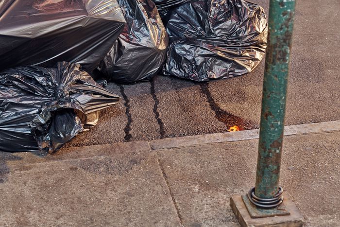 Leaking lack trash bags are piled on a New York City street.
