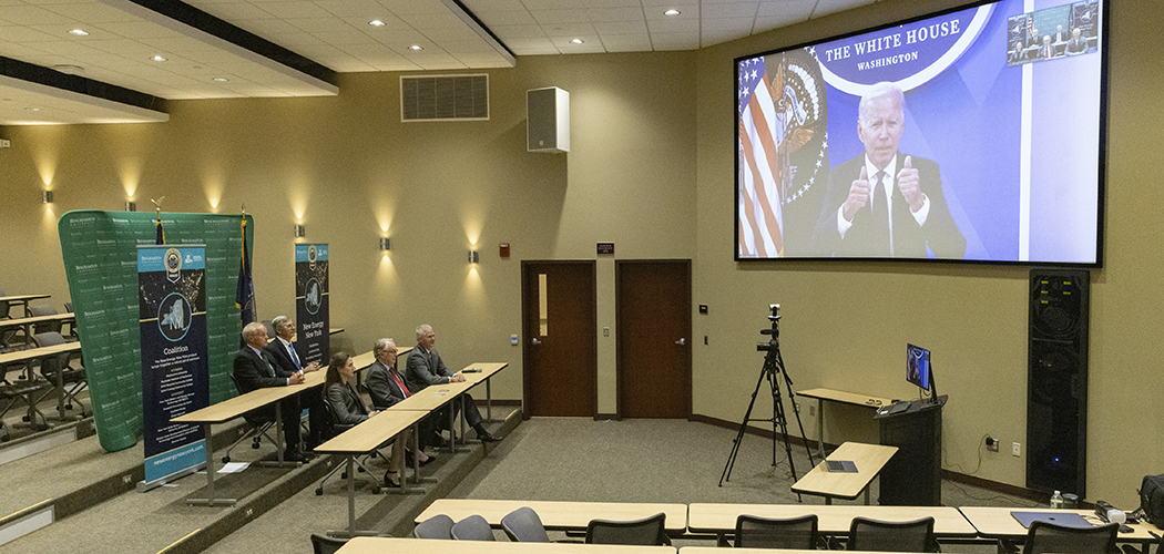 Binghamton University's New Energy New York leadership team participates in a news conference with President Joe Biden, Sept. 2.