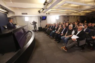 Sergio Massa during the Soybean dollar conference in front of field officials and traders yesterday