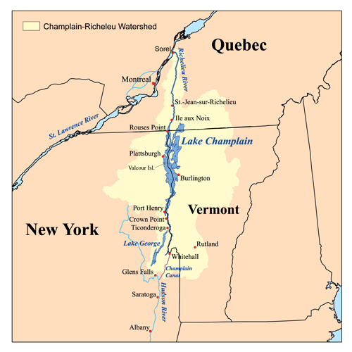 The map shows the Champlain Canal and other waterways in the area. 
(Image: familysearch.org/en/wiki/img_auth.php/7/76/Champlain_map.png)