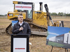 Steve Woolley, president and CEO of Barry Callebault, speaks on Tuesday at a ground-breaking ceremony for the $104 million US chocolate factory to be built in Brantford.