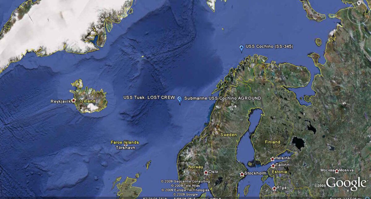 Map of the area where the USS Cochino and USS Tusk operated in 1949. (Image: navsource.org)