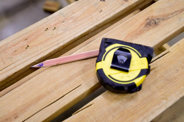 BOULDER, CO - SEPTEMBER 7:A pencil and tape measure is seen in the Boulder TEC construction program shop classroom on Wednesday, Sept. 7, 2022. Boulder Valley School District is seeking to annex its Education Center property into Boulder, as well as to add a modular home factory that would give students hands-on experience and provide homes for Habitat for Humanity projects. (Matthew Jonas/Staff Photographer)