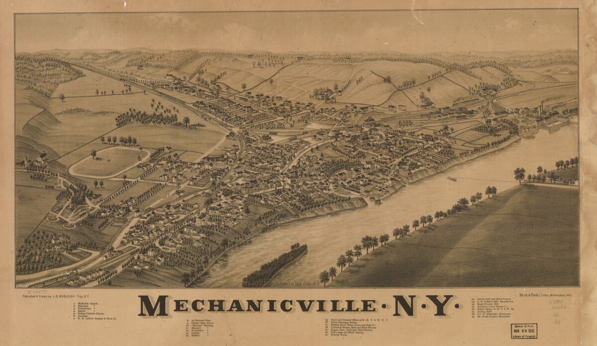 Perspective map of Mechanicville from the late 19th century by L.R. Burleigh showing the Champlain Canal and Hudson River. (Image: Library of Congress)