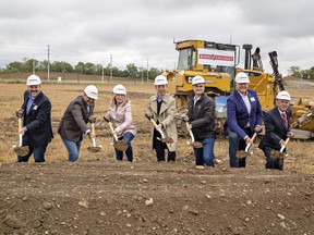 Taking part in a ground-breaking ceremony on Tuesday September 27, 2022 for the Barry Callebault chocolate factory in Brantford, Ontario are (left to right) project manager Chris DiMambro; Balaji Padmanabhan, vice-president of operations and supply chain; Angie Kipper, vice-president of HR Americas Region; Jin Kim, CFO; Steve Woolley, president and CEO, Brantford-Brant MPP Will Bouma; and Brantford city councillor John Sless. The $104 million chocolate factory will focus on sugar-free and specialty chocolate products.