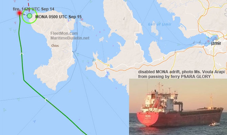 Turkish freighter disabled after fire in Greek waters