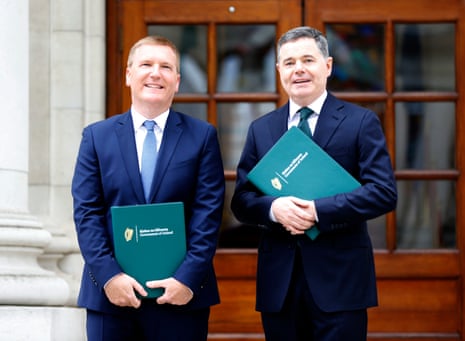 Minister for Finance Paschal Donohoe (right) and Minister for Public Expenditure Michael McGrath arriving at Government Buildings, Dublin, to unveil the Government's Budget for 2023.