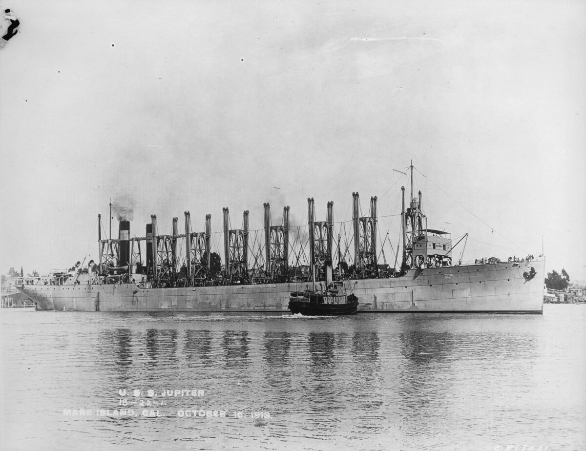 The U.S. Navy collier USS Jupiter at Mare Island on October 16, 1913. In 1922 the Jupiter was modified to become the first aircraft carrier in the U.S. Navy and was renamed USS Langley (Photo: U.S. Navy/ww2dbase)
