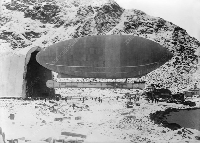 The airship 'America' in Spitzbergen, circa 1906. The dirigible was brought by ship to the Norwegian Arctic island of Spitsbergen in July 1906. Brief flights followed in 1907 and 1909, by which time others claimed to have reached the North Pole.  This photograph is from the Bain News Service, one of the USA's earliest news picture libraries. (Photo: Library of Congress/sciencephoto.com)