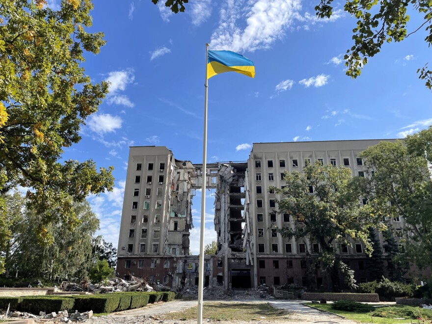 The building housing Mykolaiv's regional government, bombed early in the war, lies in ruins on Sept. 29. Governor Vitaliy Kim says he knew he was the target "because it was my window," and says he survived because he was late for work that day. Thirty-seven of his colleagues died in the bombing.