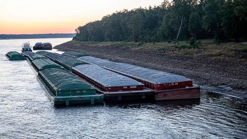 PHOTO: Barges idle while waiting for passage in the Mississippi River near Vicksburg, Miss., on Oct. 4, 2022.