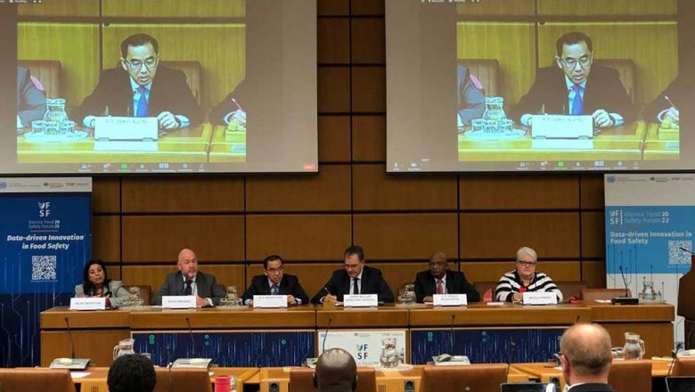 Agriculture minister Veng Sakhon (third left, and on screen) at the Vienna Food Safety Forum (VFSF) on October 3, as part of his five-day official mission to the EU ending October 7. VENG SAKHON VIA FB Content image - Phnom Penh Post