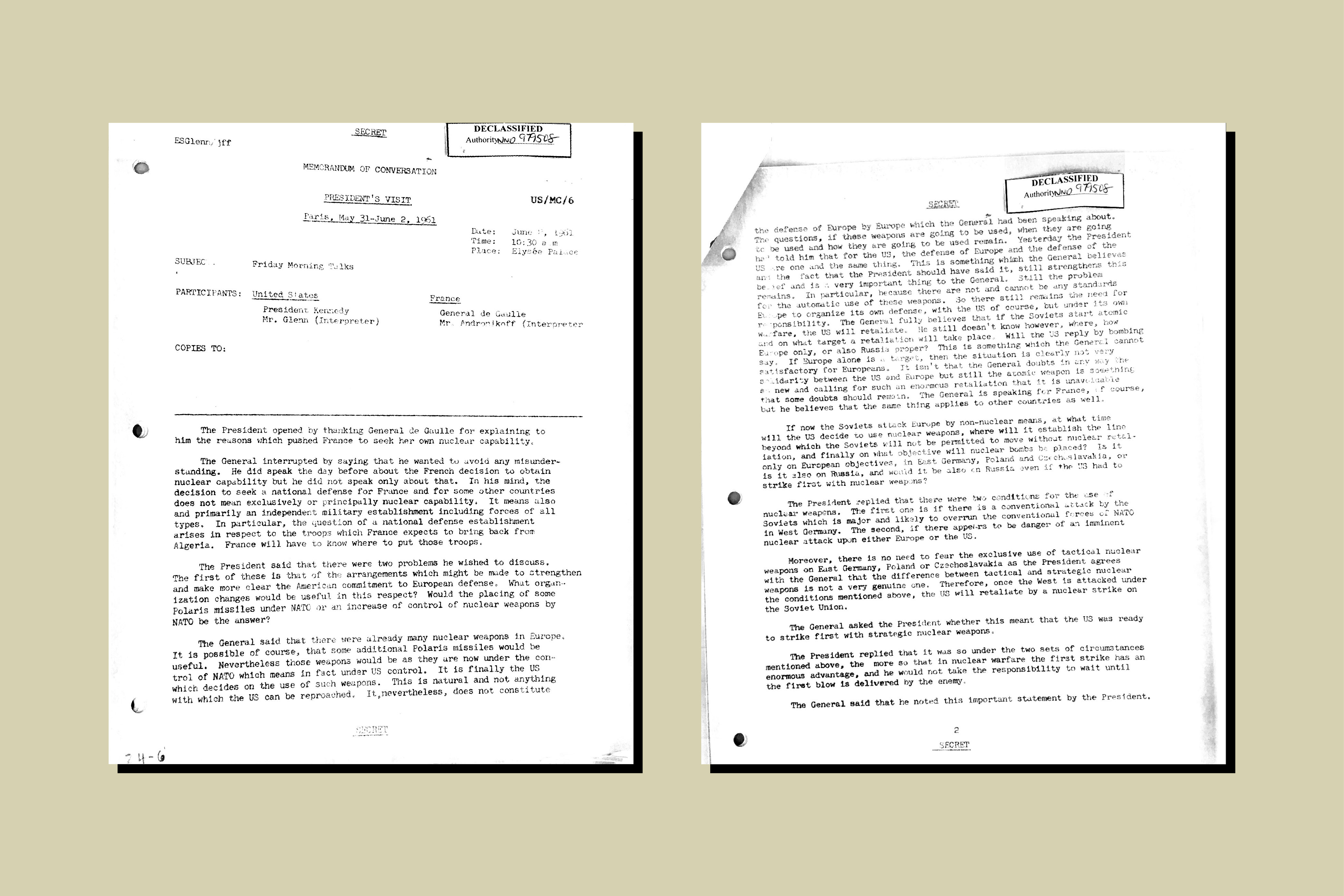 A document that chronicles U.S. President John F. Kennedy’s conversation with French President Charles de Gaulle in Paris in 1961.