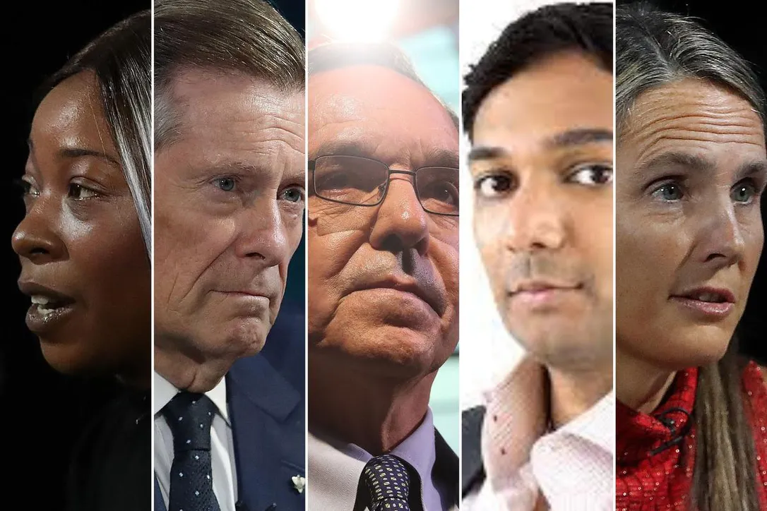 Toronto mayoral candidates in the 2022 election, from left, Chloe Brown, John Tory, Gil Penalosa, Stephen Punwasi and Sarah Climenhaga.
