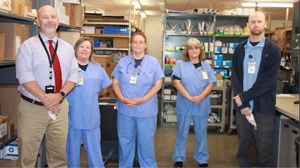 Members of the WVU Medicine St. Joseph's Hospital Supply Chain team pose for a photo. Pictured (from left to right) are Kevin Snyder, Melissa Leichliter, Pearl Sothen, Barbara Norman, and Jason Green
